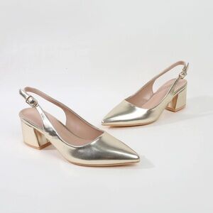 Barness Chloe Chic Gold Slingback Block Heel Pumps | Wedding Guest Party Heels